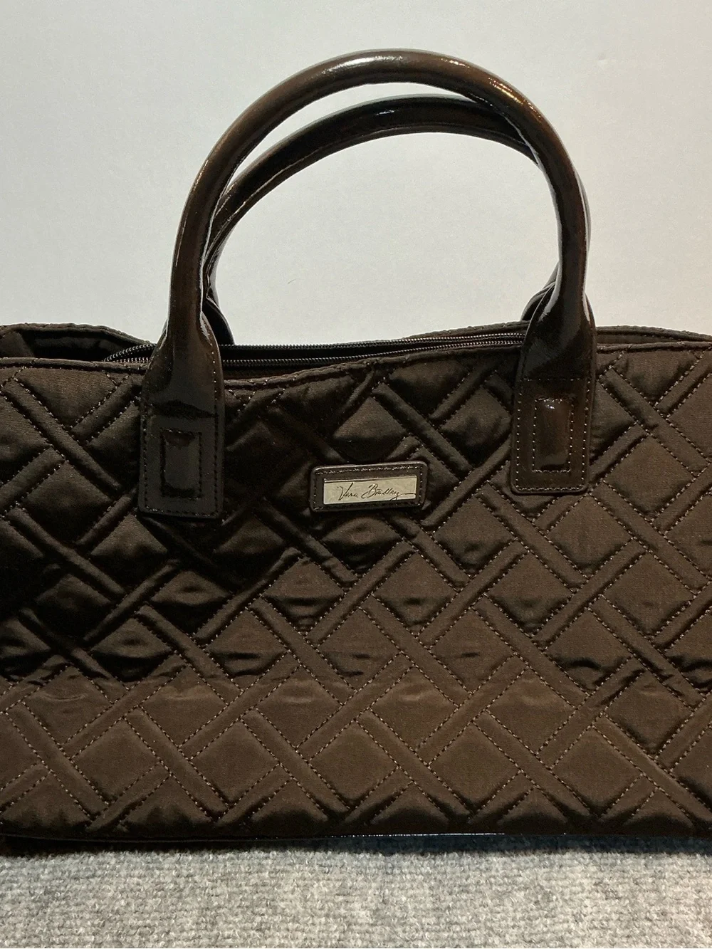 Vera Bradley Quilted Satchel in Dark Brown with Patent Handles
